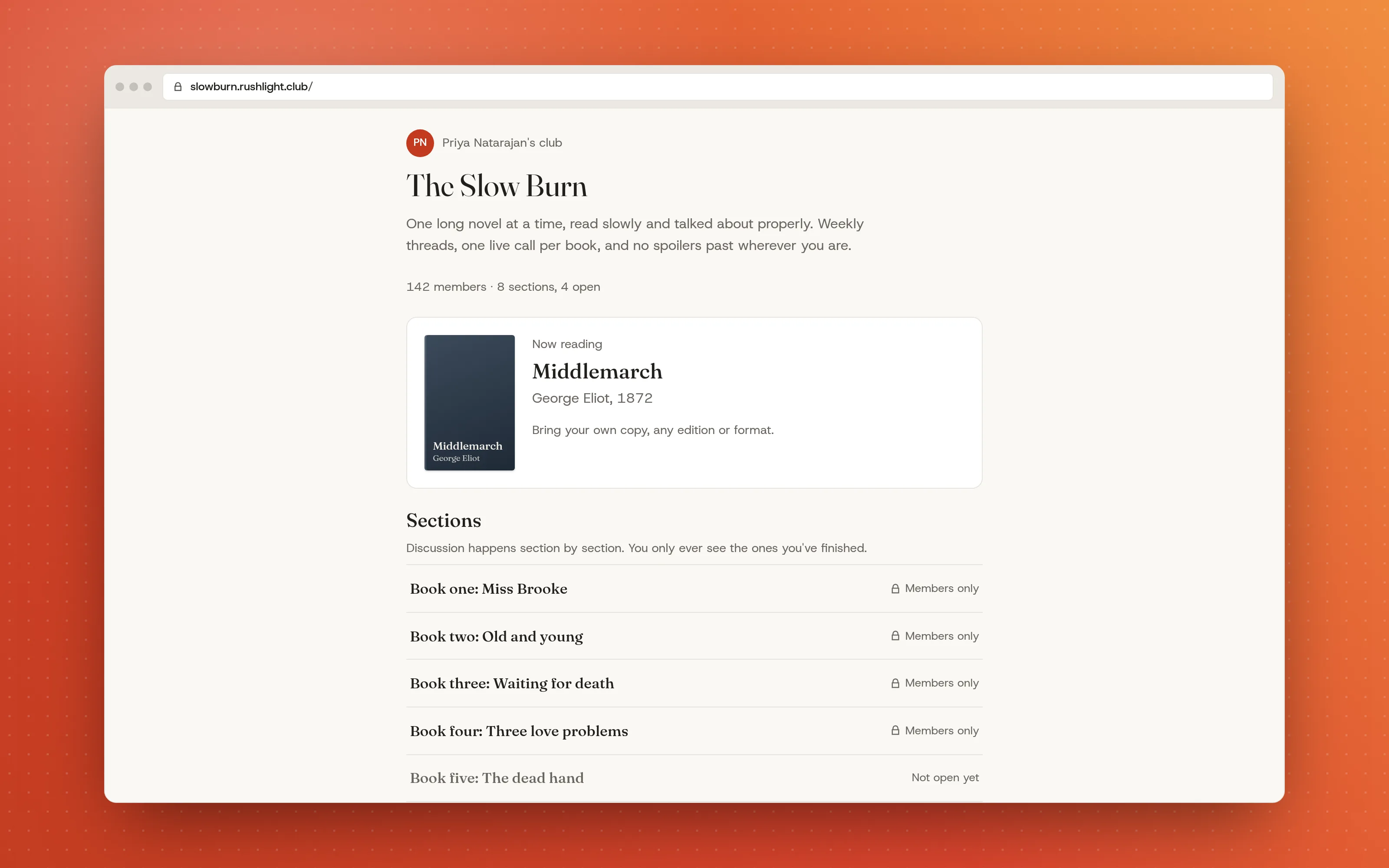 A club page at slowburn.rushlight.club showing the leader, the current book, the section list, and the join button