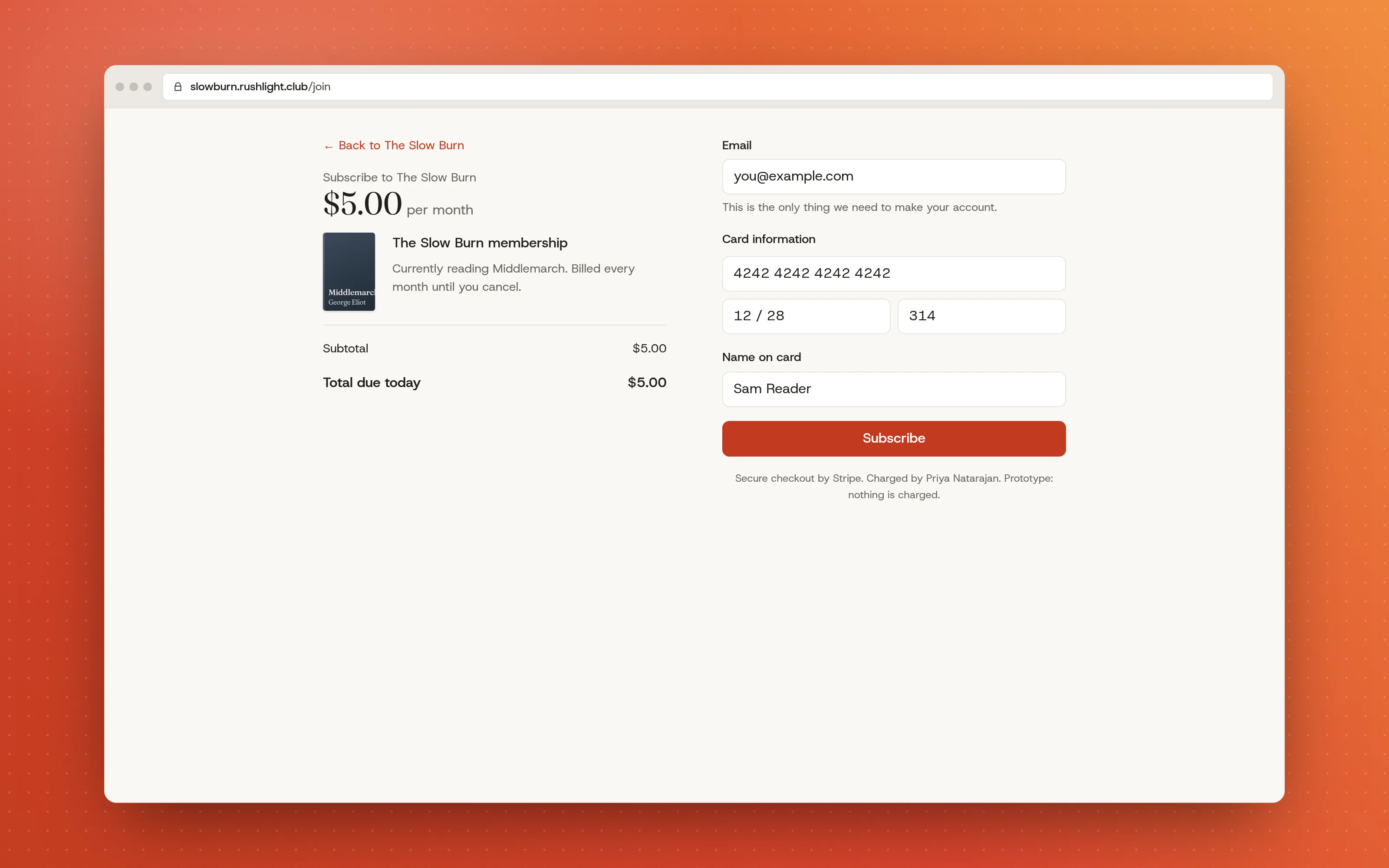 Stripe checkout for a $5 a month club membership, asking only for an email and a card