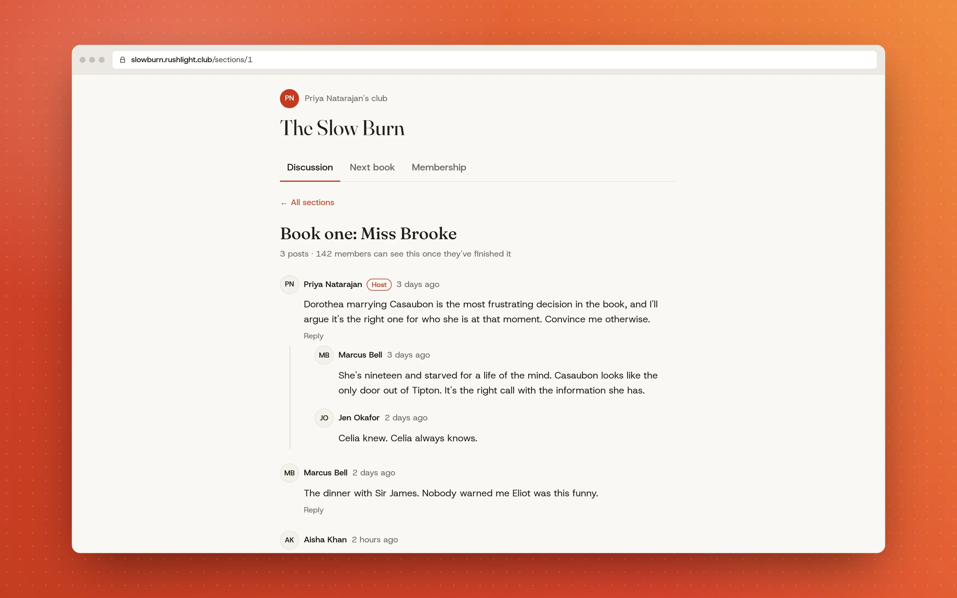 A threaded discussion inside one section of the book, with replies