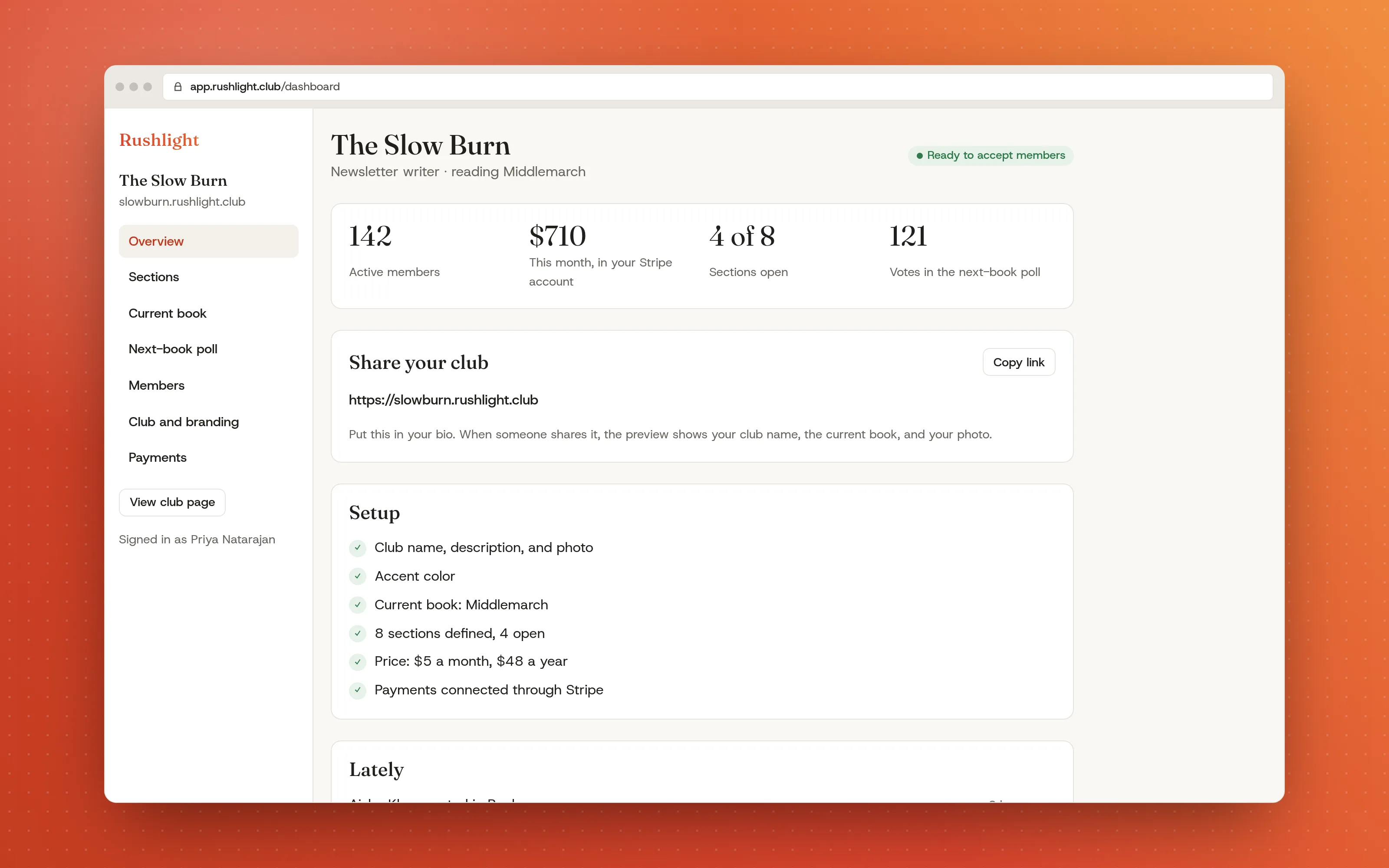 The leader dashboard with member count, revenue in Stripe, sections open, the share link, and the setup checklist