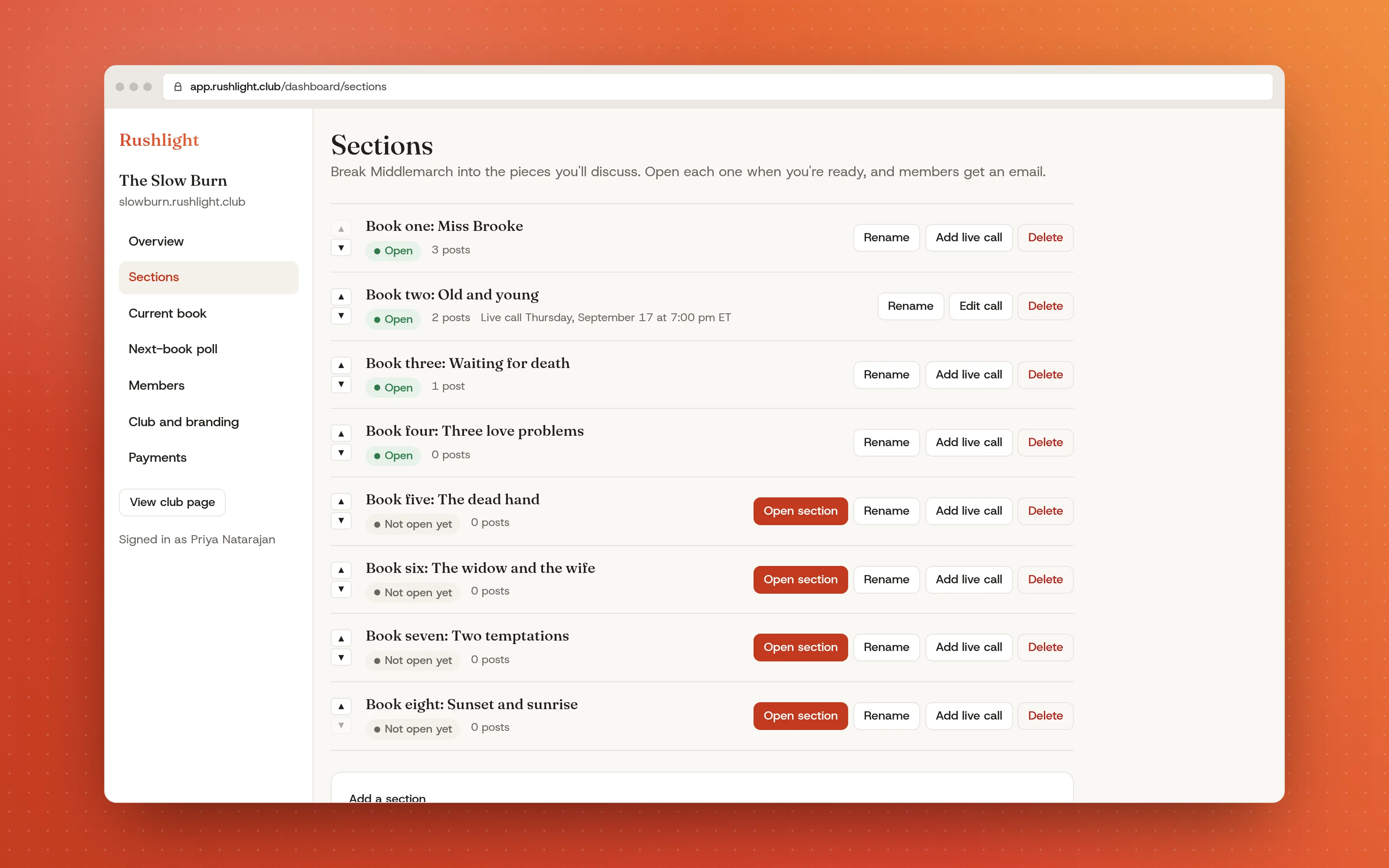 The leader dashboard listing a book's sections, with buttons to open each one, rename it, add a live call, or delete it