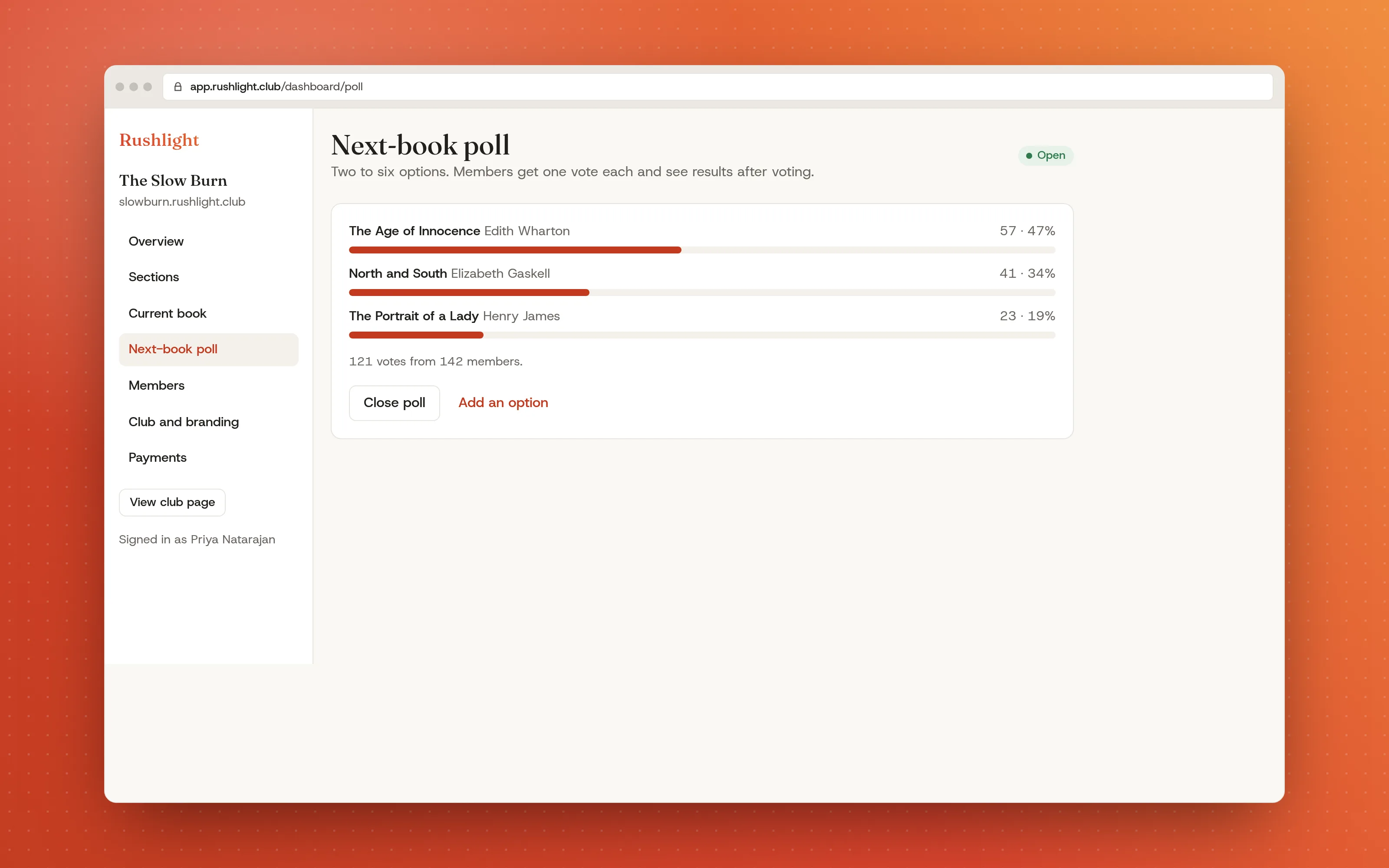 The leader view of a next-book poll with live results and a close button