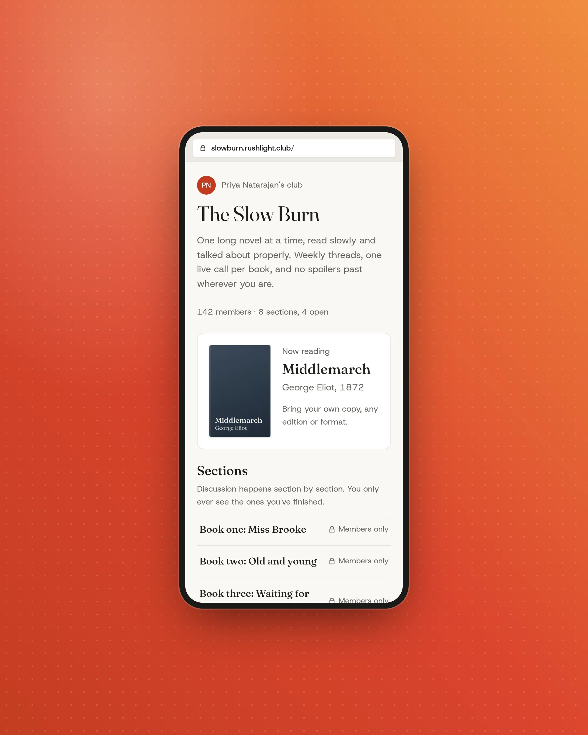 A club page on a phone, with the current book, the sections, and a join button