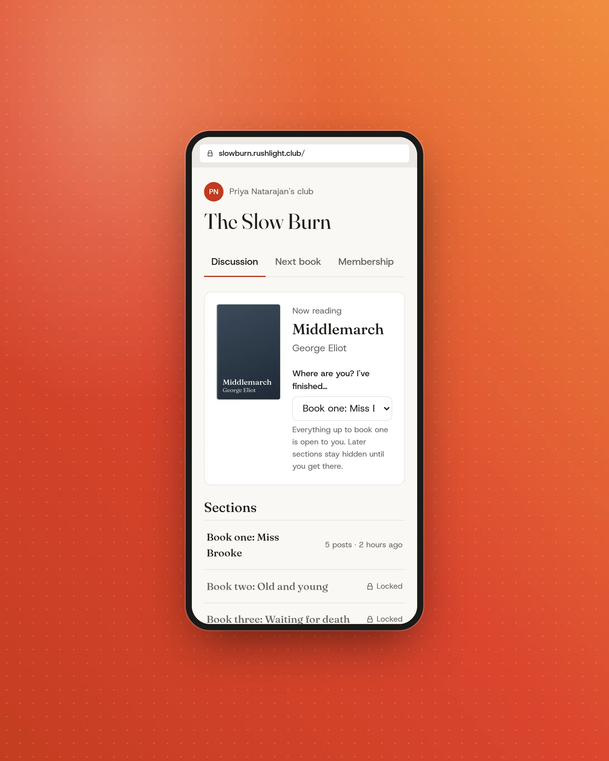 A member's view of the club on a phone, with the current book, a progress control, and locked and unlocked sections